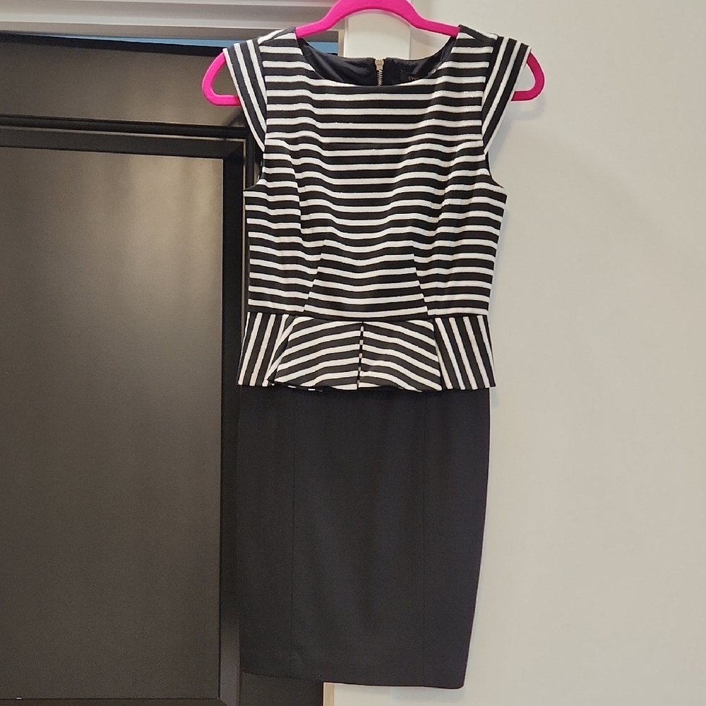Cynthia Steffe Black and White Striped Peplum Midi Dress